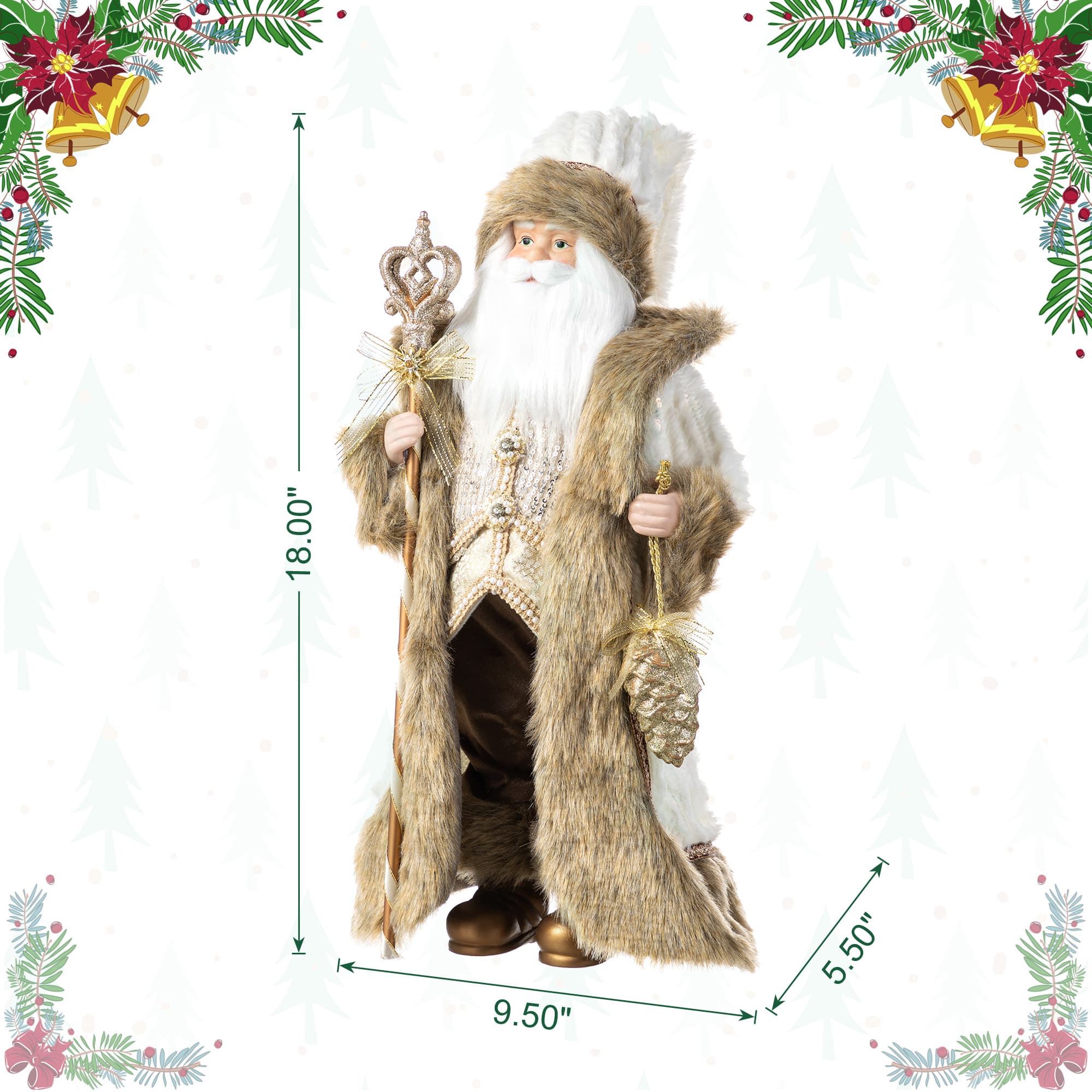 Glitzhome® 18"H Faux Fur Christmas Woodland Santa Figurine with Porcelain Face